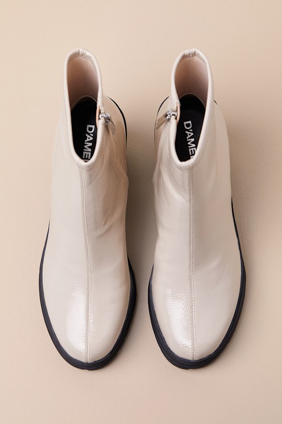 D'AMELIO FOOTWEAR HELENNA IVORY TEXTURED PATENT PLATFORM LUG SOLE ANKLE BOOTS
