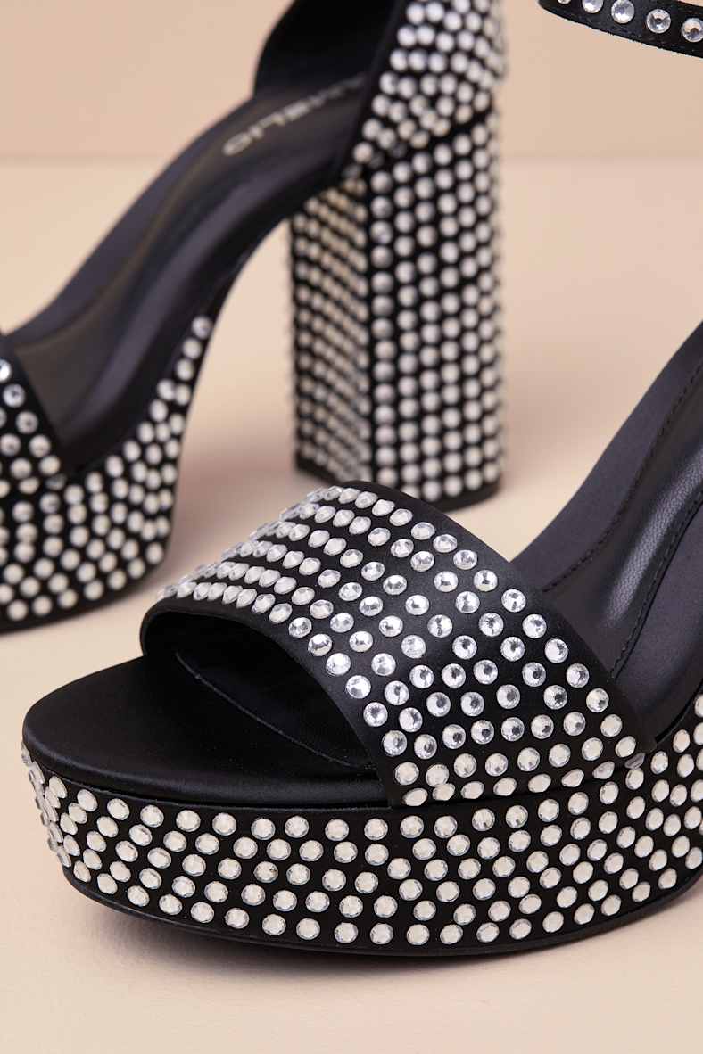 Mayvinaa Black Rhinestone Platform Ankle Strap Sandals