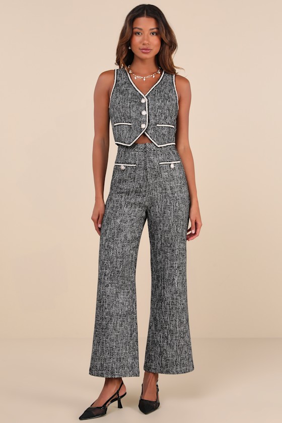 Poised Decision Black Tweed Lurex High-Rise Wide-Leg Pants 1