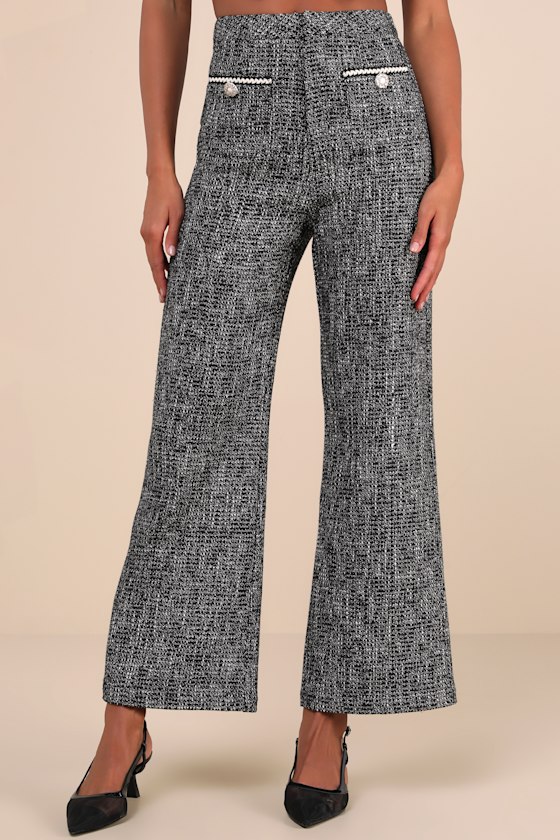 Lulus Poised Decision Black Tweed Lurex High-rise Wide-leg Pants In Black