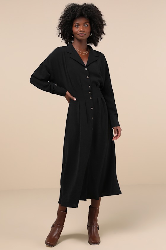 Lulus Timeless Class Black Collared Button-up Pleated Midi Dress In Black