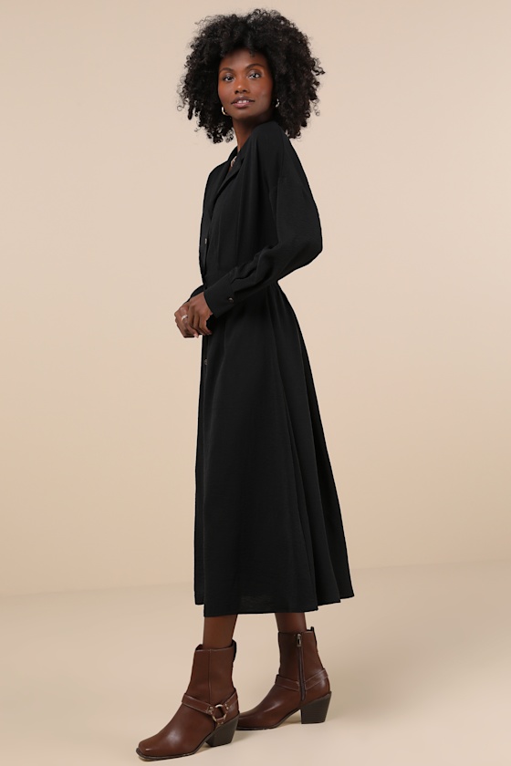 Lulus Timeless Class Black Collared Button-up Pleated Midi Dress In Black