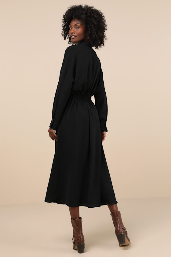 Lulus Timeless Class Black Collared Button-up Pleated Midi Dress In Black