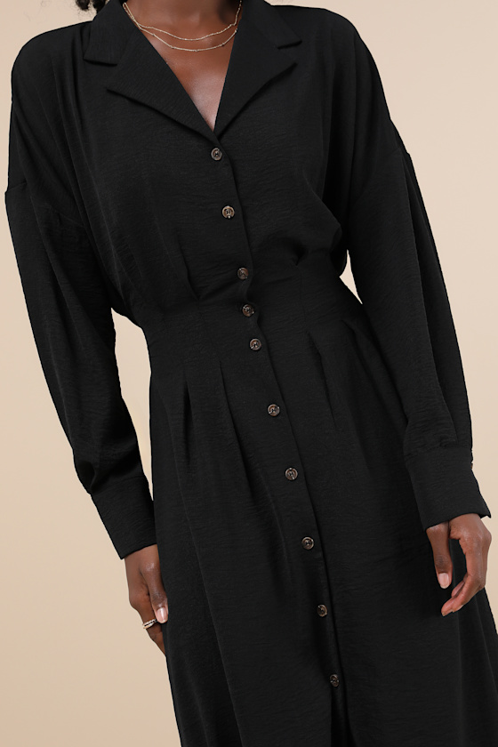 Lulus Timeless Class Black Collared Button-up Pleated Midi Dress In Black