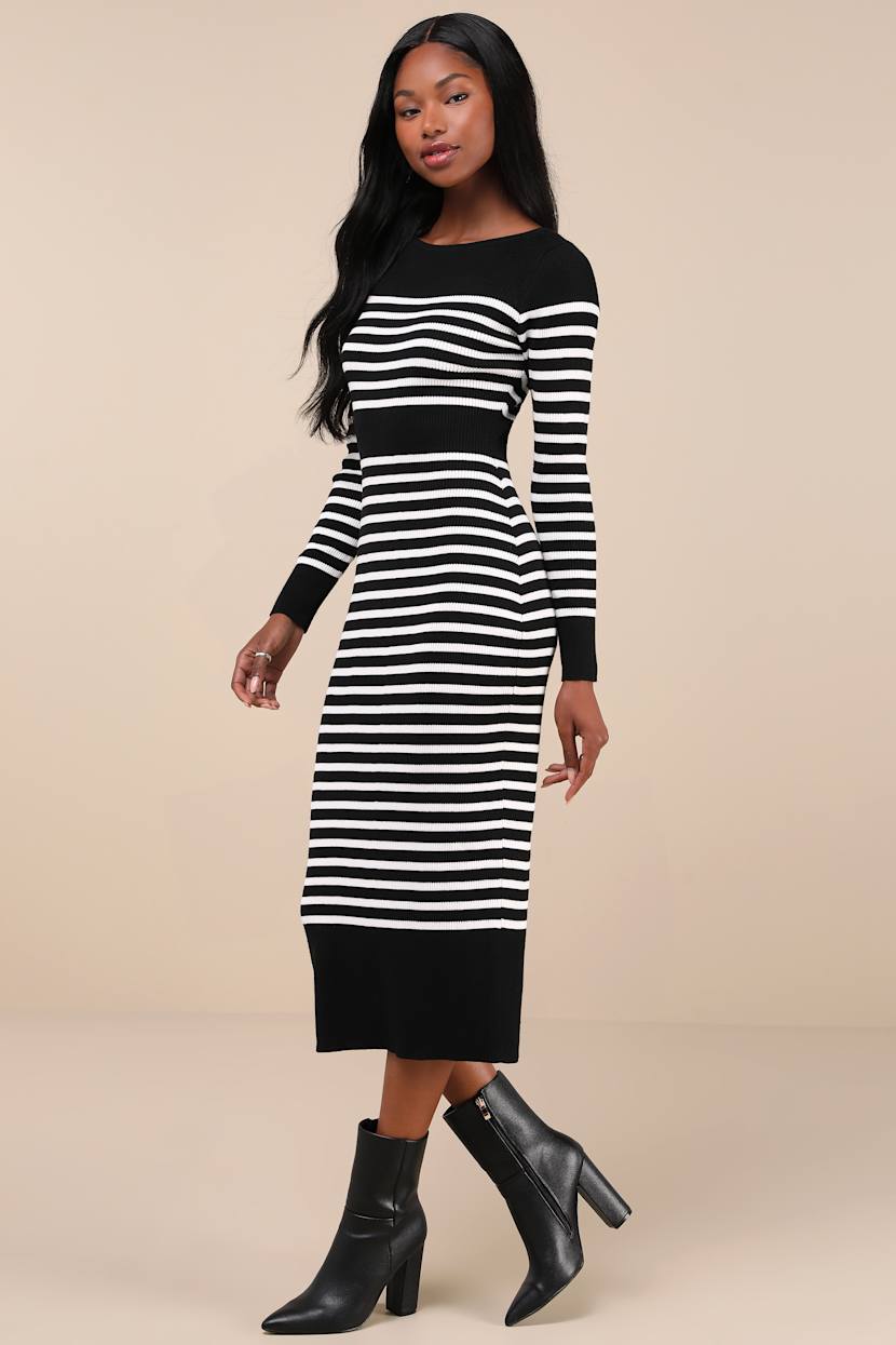 knee length dresses for ladies Isaac MIZRAHI Women's Striped Rib Sweater Midi Dress