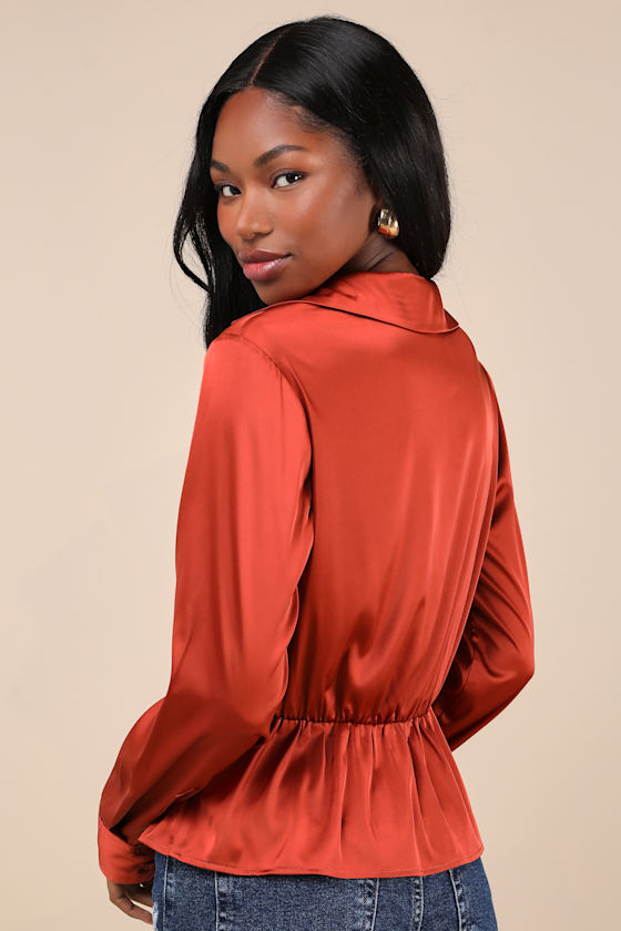 Lulus Considered Sophistication Rust Satin Long Sleeve Collared Top In Red