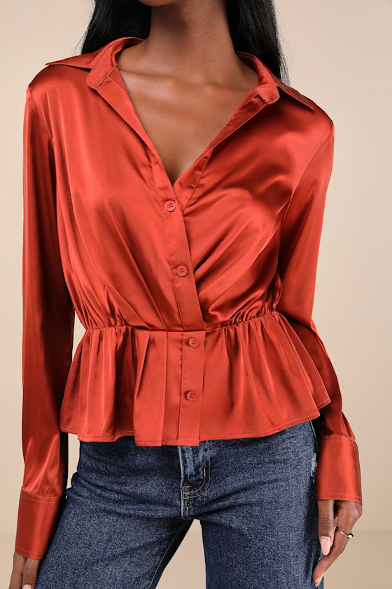 Lulus Considered Sophistication Rust Satin Long Sleeve Collared Top In Red