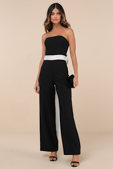 Black and White Jumpsuit Strapless Jumpsuit Bow Jumpsuit Lulus