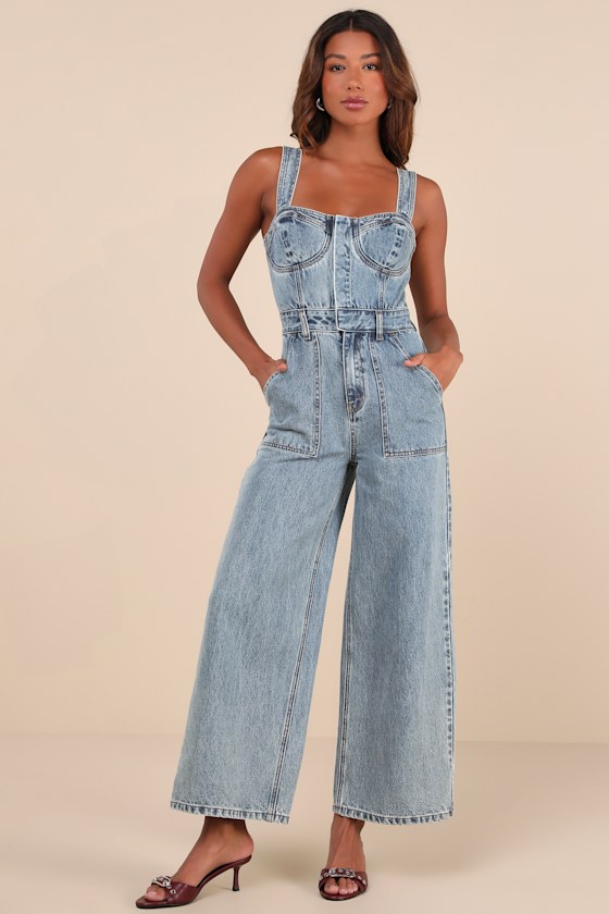 Light Wash Cotton Denim Jumpsuit Bustier Jumpsuit Jumpsuit Lulus