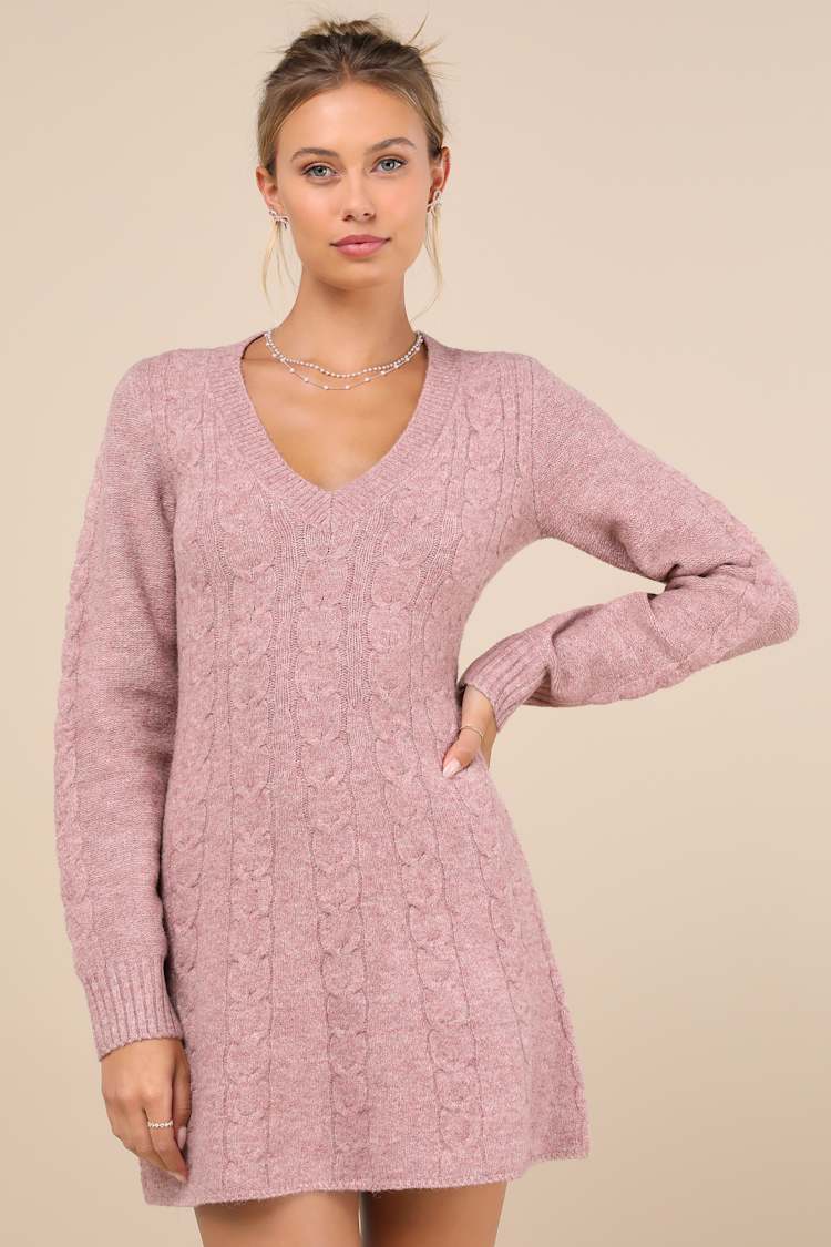 Snuggly Chic Mauve Cable Knit Long Sleeve Sweater Mini Dress