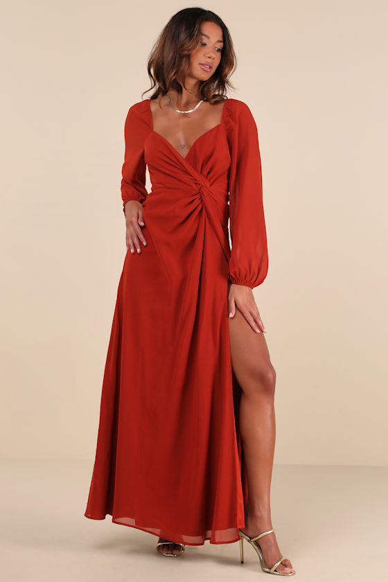 Rust Orange Dress - Twist-Front Dress - Long Sleeve Maxi Dress - Image 2