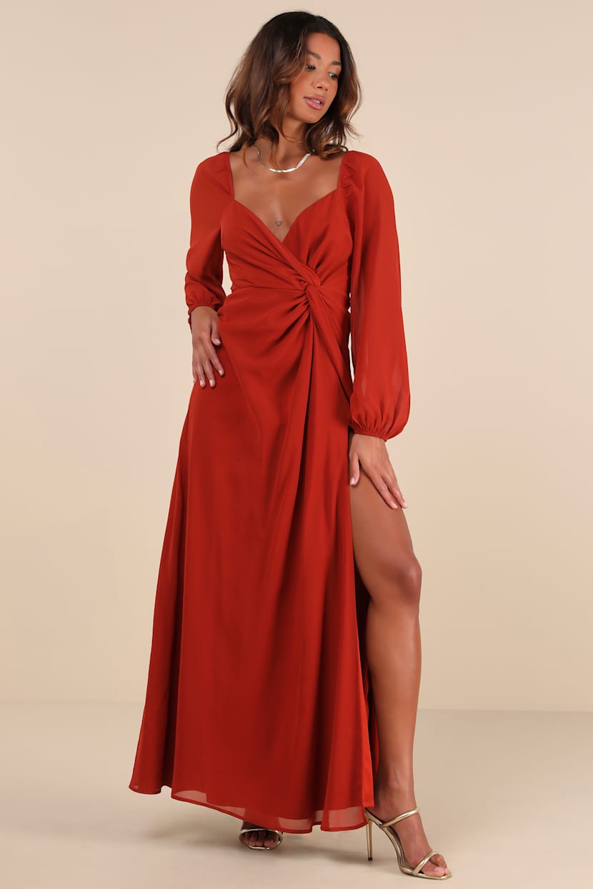 fitted lace wedding dress Long Burnt orange Satin Bell Sleeve Bridesmaid Dresses – Lisposa main image 1