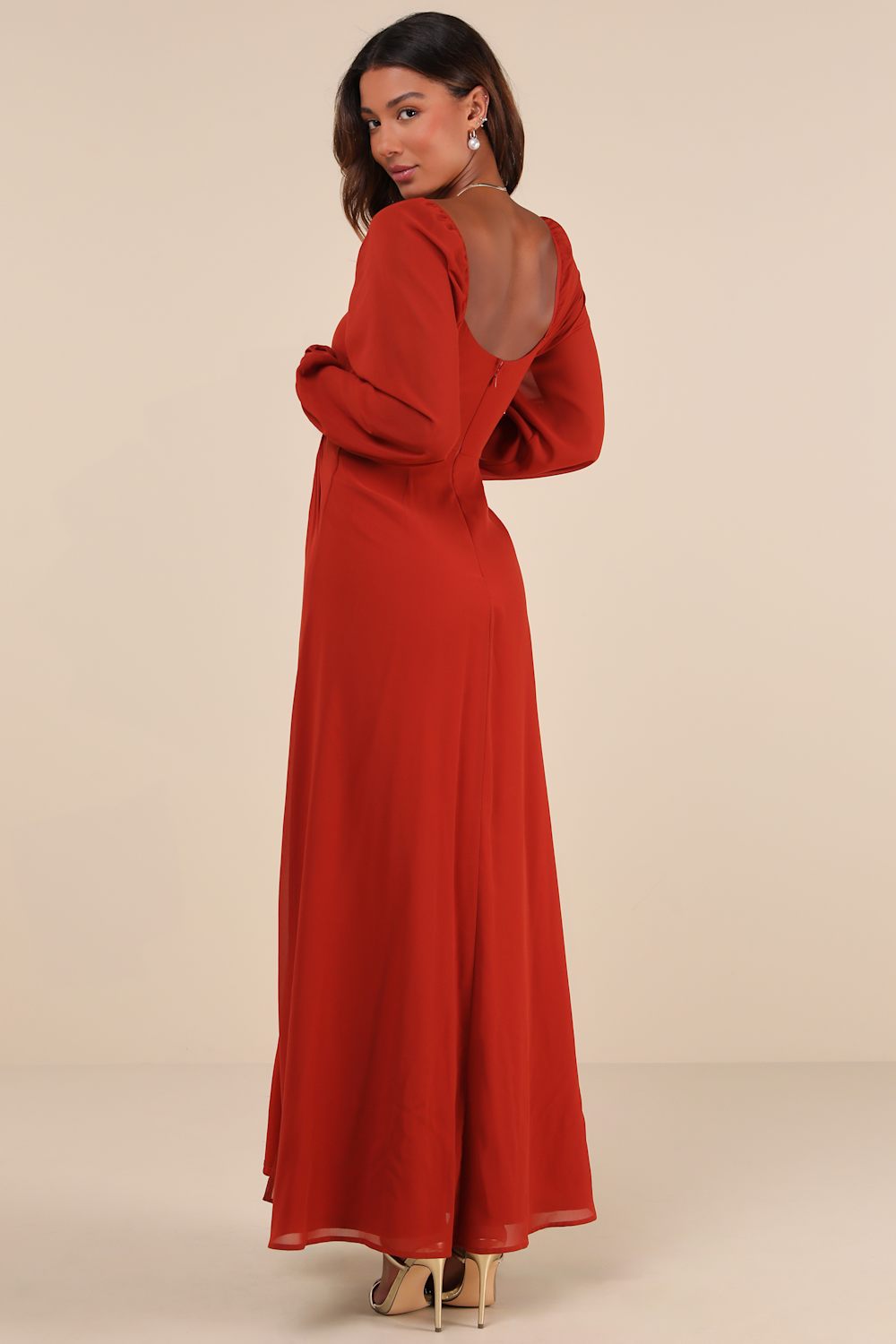 Composed Soiree Rust Orange Twist-Front Long Sleeve Maxi Dress