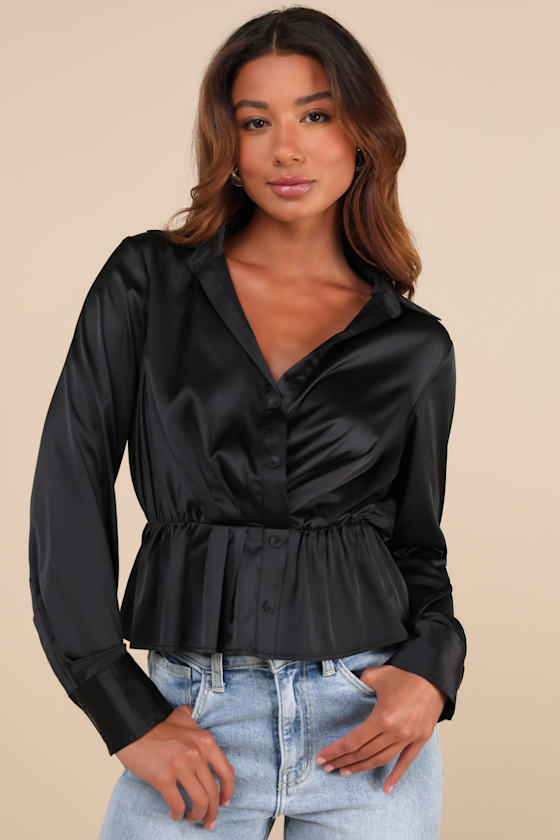 Lulus Considered Sophistication Black Satin Long Sleeve Collared Top In Black