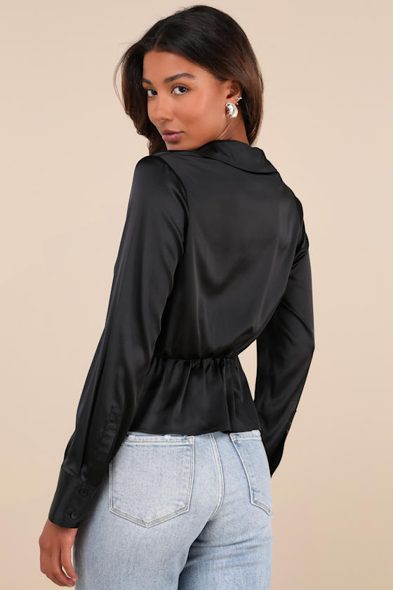 Lulus Considered Sophistication Black Satin Long Sleeve Collared Top In Black