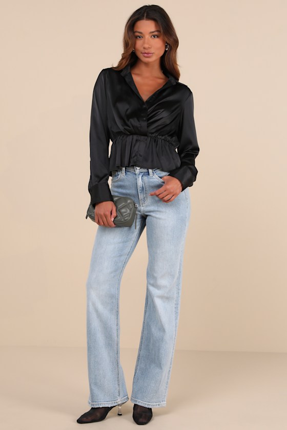 Lulus Considered Sophistication Black Satin Long Sleeve Collared Top In Black