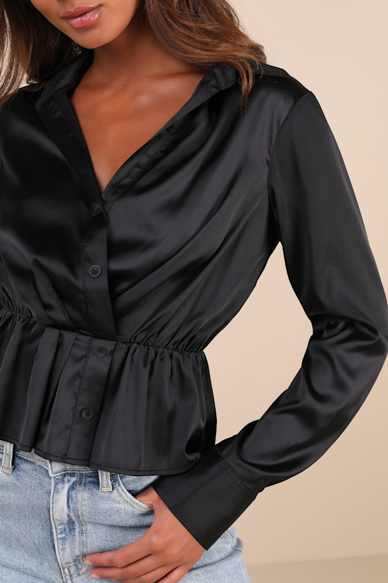 Lulus Considered Sophistication Black Satin Long Sleeve Collared Top In Black