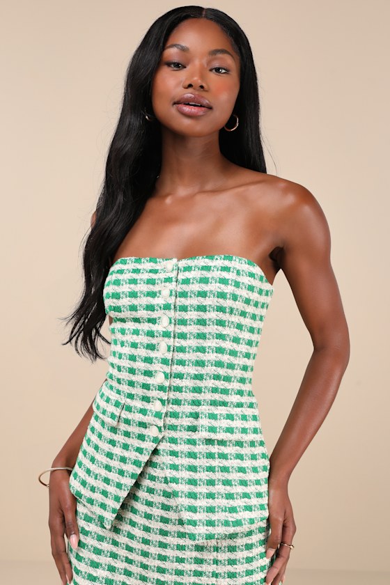 Lulus Poshest Crush Green And Ivory Plaid Lurex Strapless Vest Top In Green And Ivory