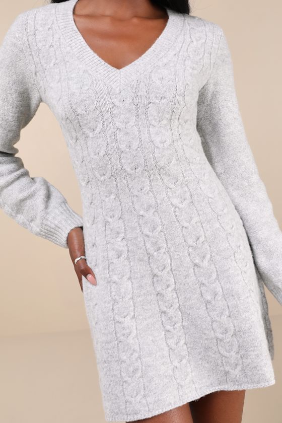 Lulus Snuggly Chic Grey Cable Knit Long Sleeve Sweater Mini Dress In Grey