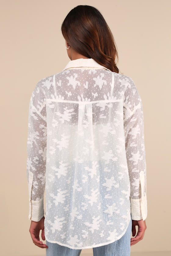LULUS COMPOSED CONCEPT IVORY BURNOUT CLIP DOT OVERSIZED BUTTON-UP TOP