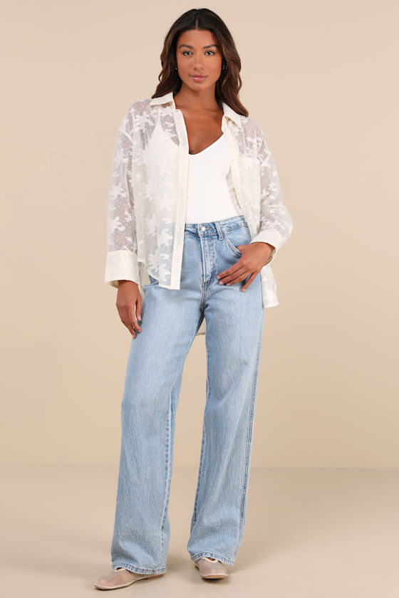 LULUS COMPOSED CONCEPT IVORY BURNOUT CLIP DOT OVERSIZED BUTTON-UP TOP