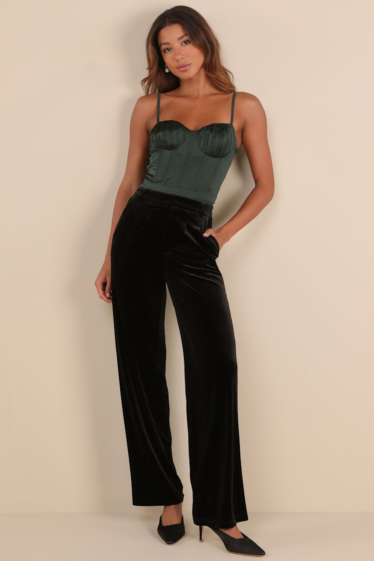 Posh Idea Black Velvet High-Rise Straight Leg Trouser Pants Posh Idea Black Velvet High-Rise Straight Leg Trouser Pants