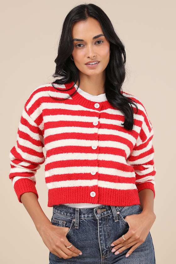 Cutest and Coziest Red and White Striped Crew Neck Cardigan 1