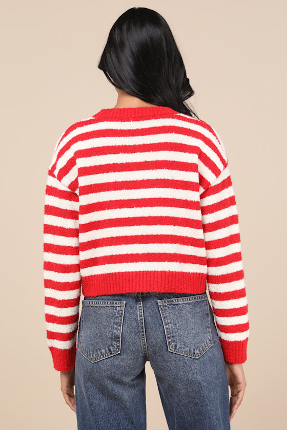 Lulus Cutest And Coziest Red And White Striped Crew Neck Cardigan In Red And White