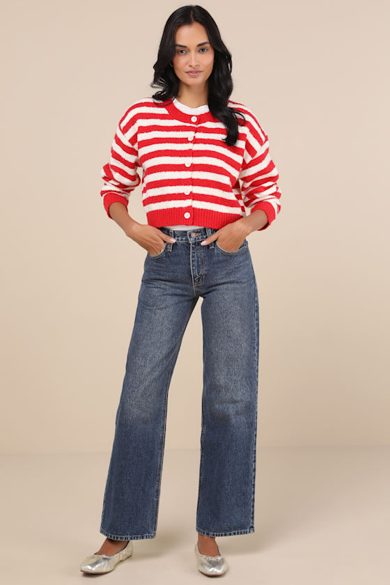Lulus Cutest And Coziest Red And White Striped Crew Neck Cardigan In Red And White
