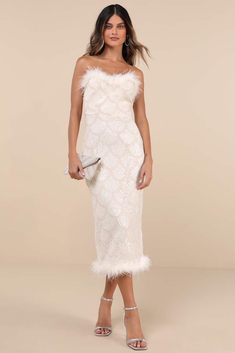 Uniquely Confident Cream Lace Feather Strapless Midi Dress