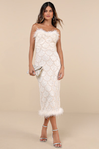 Uniquely Confident Cream Lace Feather Strapless Midi Dress 4