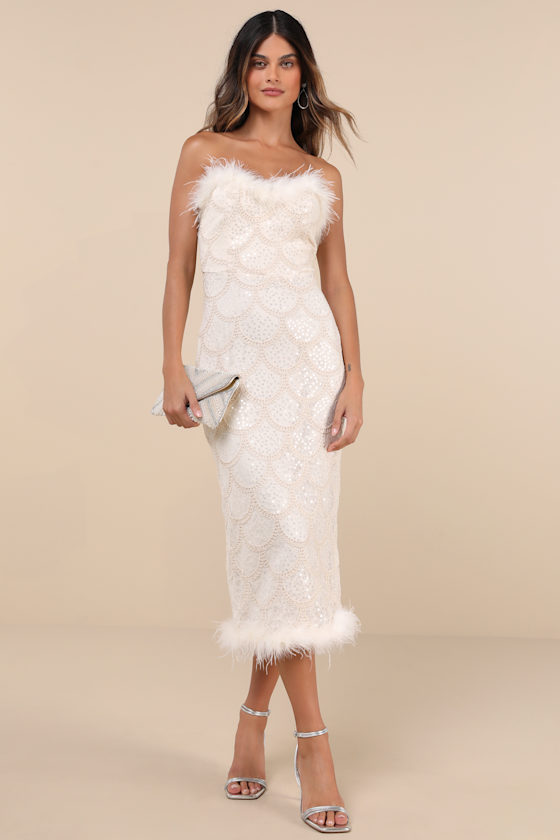 Uniquely Confident Cream Lace Feather Strapless Midi Dress 4