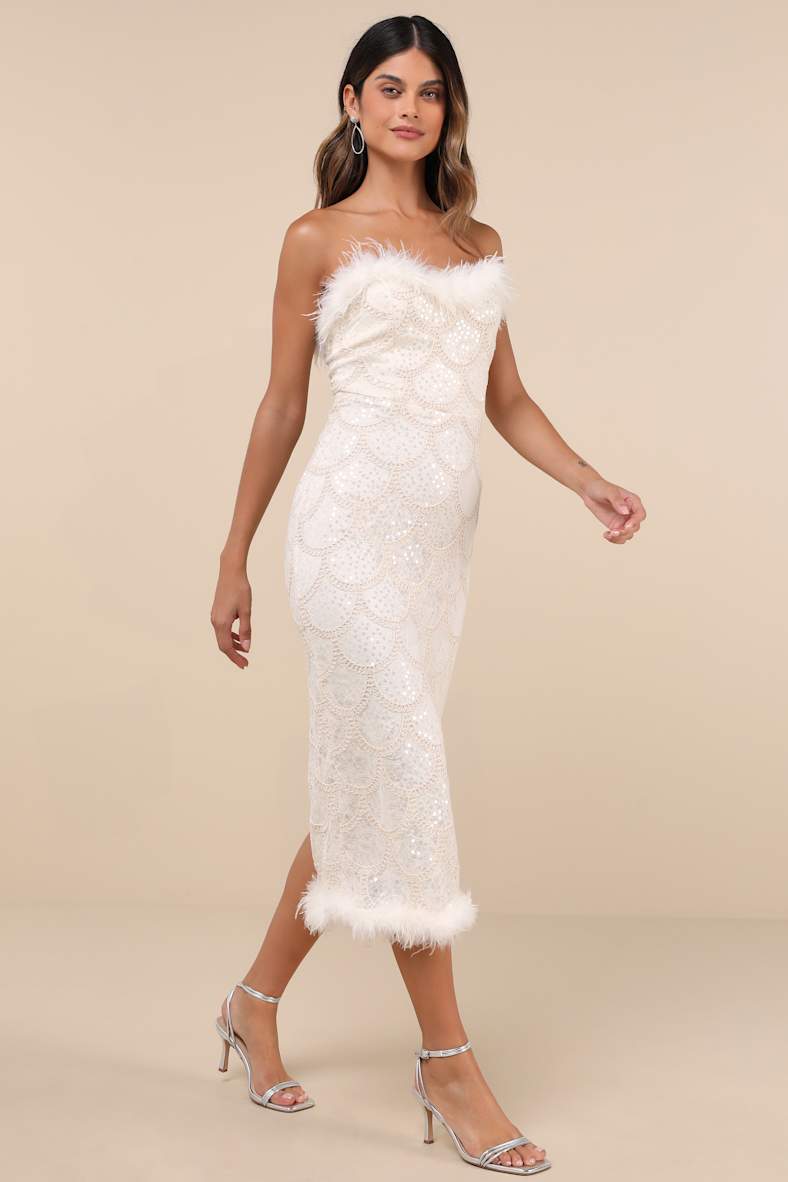Uniquely Confident Cream Lace Feather Strapless Midi Dress
