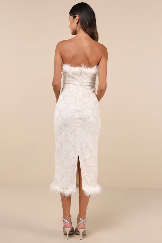 Lulus Uniquely Confident Cream Lace Feather Strapless Midi Dress In White