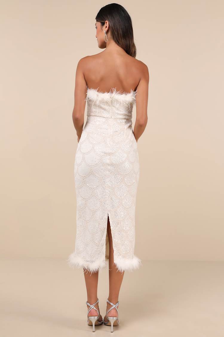 Uniquely Confident Cream Lace Feather Strapless Midi Dress