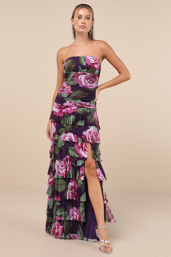 Lulus Phenomenal Aura Plum Floral Ruched Tiered Strapless Maxi Dress In Purple