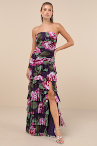Phenomenal Aura Plum Floral Ruched Tiered Strapless Maxi Dress 1
