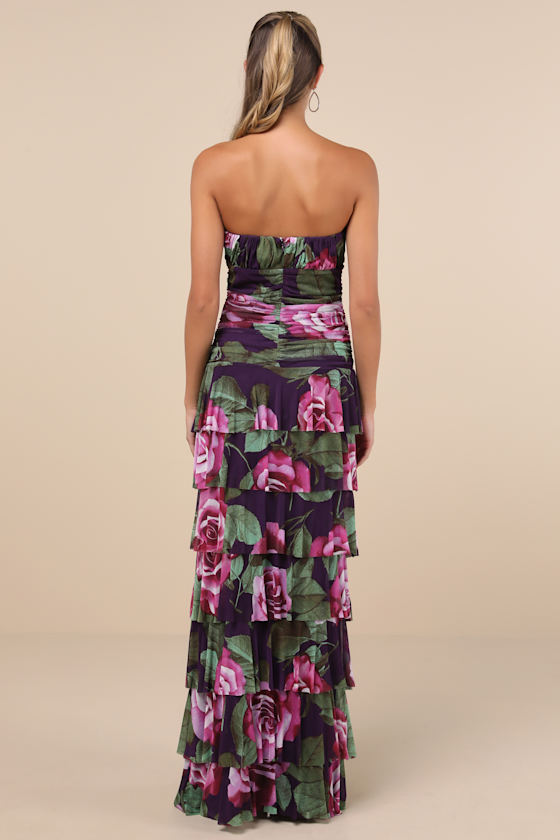 Phenomenal Aura Plum Floral Ruched Tiered Strapless Maxi Dress 3