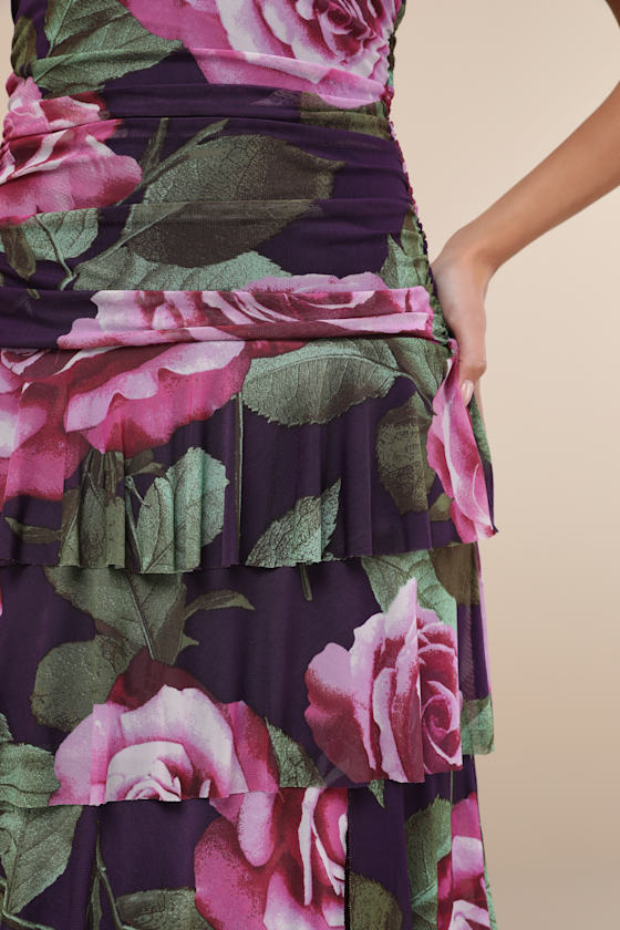 Lulus Phenomenal Aura Plum Floral Ruched Tiered Strapless Maxi Dress In Purple