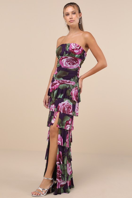 Lulus Phenomenal Aura Plum Floral Ruched Tiered Strapless Maxi Dress In Purple