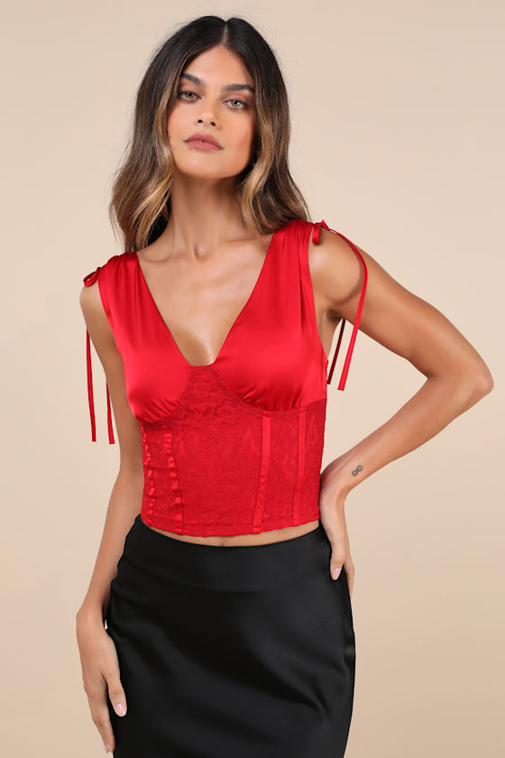 Dreamily Sultry Red Satin Lace Bustier Lace-Up Tank Top 3