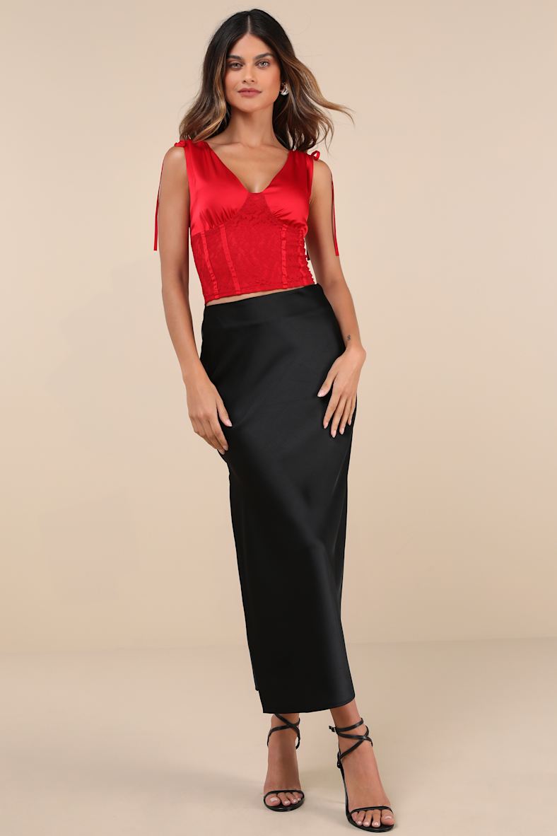 Dreamily Sultry Red Satin Lace Bustier Lace-Up Tank Top