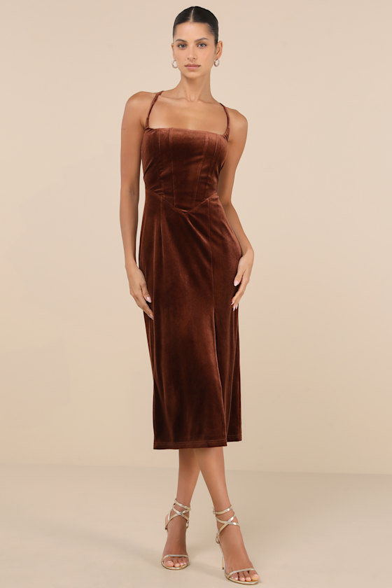 Lulus Gorgeous Composure Brown Velvet Lace-up Sleeveless Midi Dress In Brown