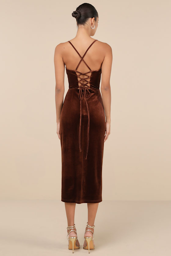 Lulus Gorgeous Composure Brown Velvet Lace-up Sleeveless Midi Dress In Brown