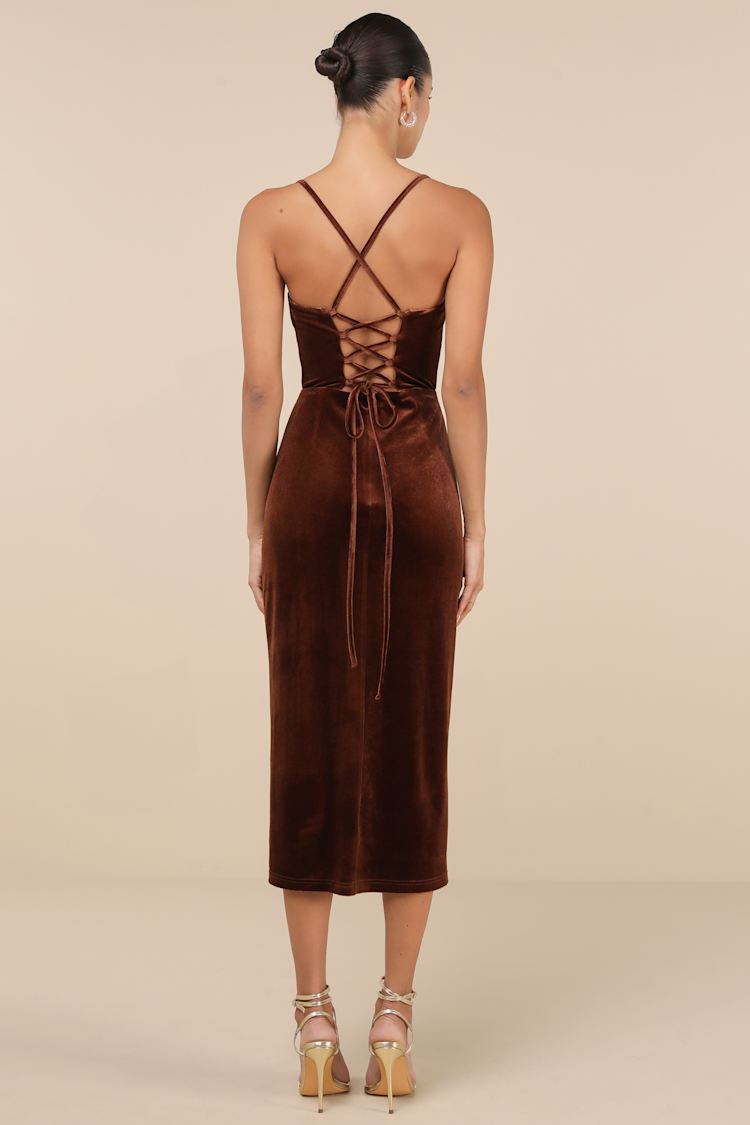 Gorgeous Composure Brown Velvet Lace-Up Sleeveless Midi Dress