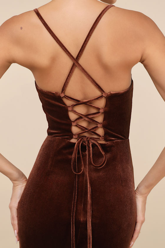 Lulus Gorgeous Composure Brown Velvet Lace-up Sleeveless Midi Dress In Brown