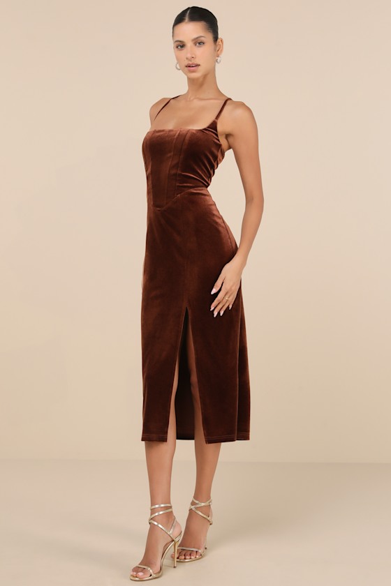 Lulus Gorgeous Composure Brown Velvet Lace-up Sleeveless Midi Dress In Brown
