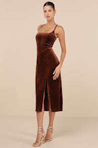 Gorgeous Composure Brown Velvet Lace-Up Sleeveless Midi Dress 2