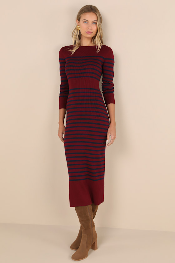 Lulus Effortlessly Ready Burgundy Striped Ribbed Midi Sweater Dress In Burgundy