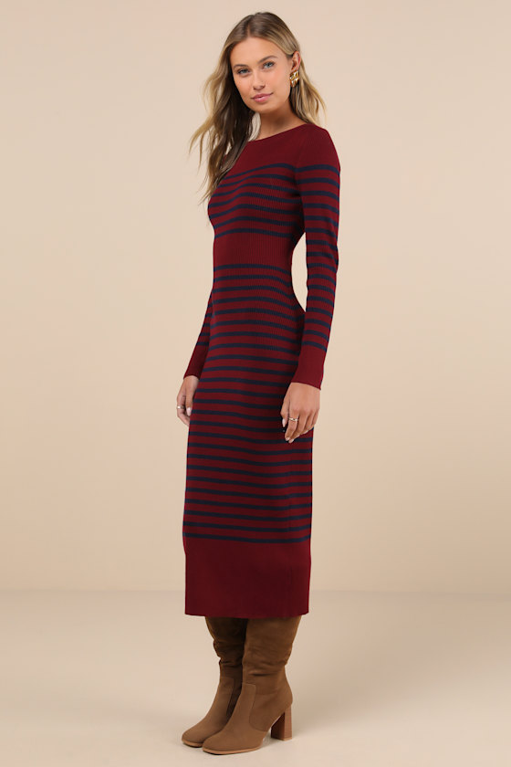 Lulus Effortlessly Ready Burgundy Striped Ribbed Midi Sweater Dress In Burgundy